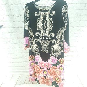 Haani Womens Black Floral Round Neck Stretch Pullover Shift Dress Size Medium